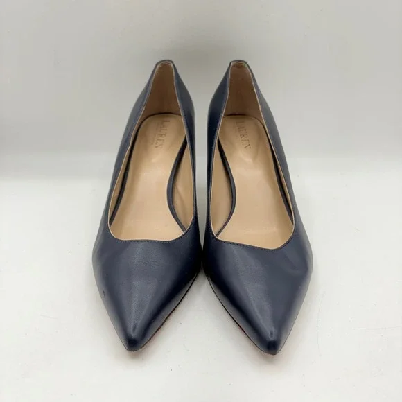 Lauren Ralph Lauren Lanette Navy Blue Leather Pointed Toe Kitten Heel Pumps 9.5 - Picture 3 of 10